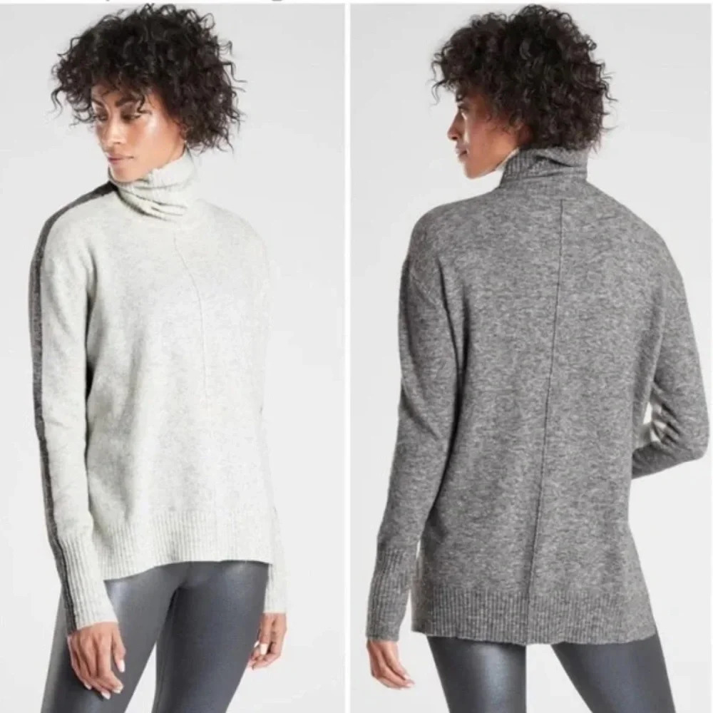 Athleta Transit Colorblock Turtleneck Sweater Merino Wool Blend Pullover, Gray S